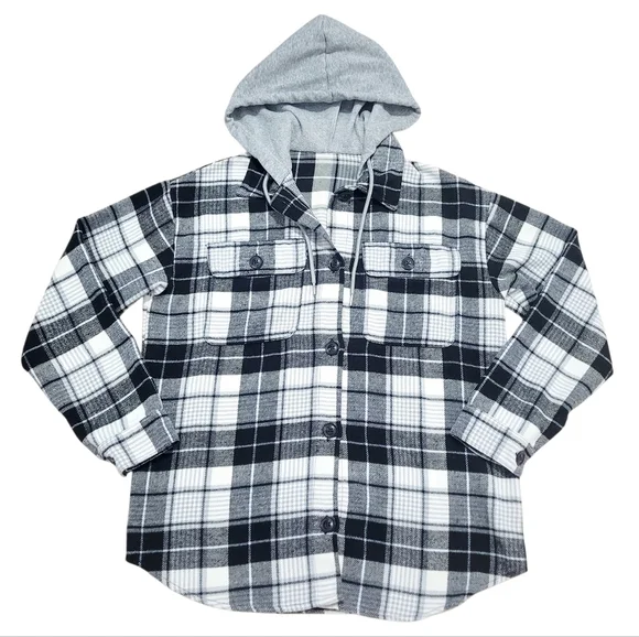 Women’s Plaid Hooded Shacket Jacket Button Up Gray Black Size Medium - Picture 2 of 11